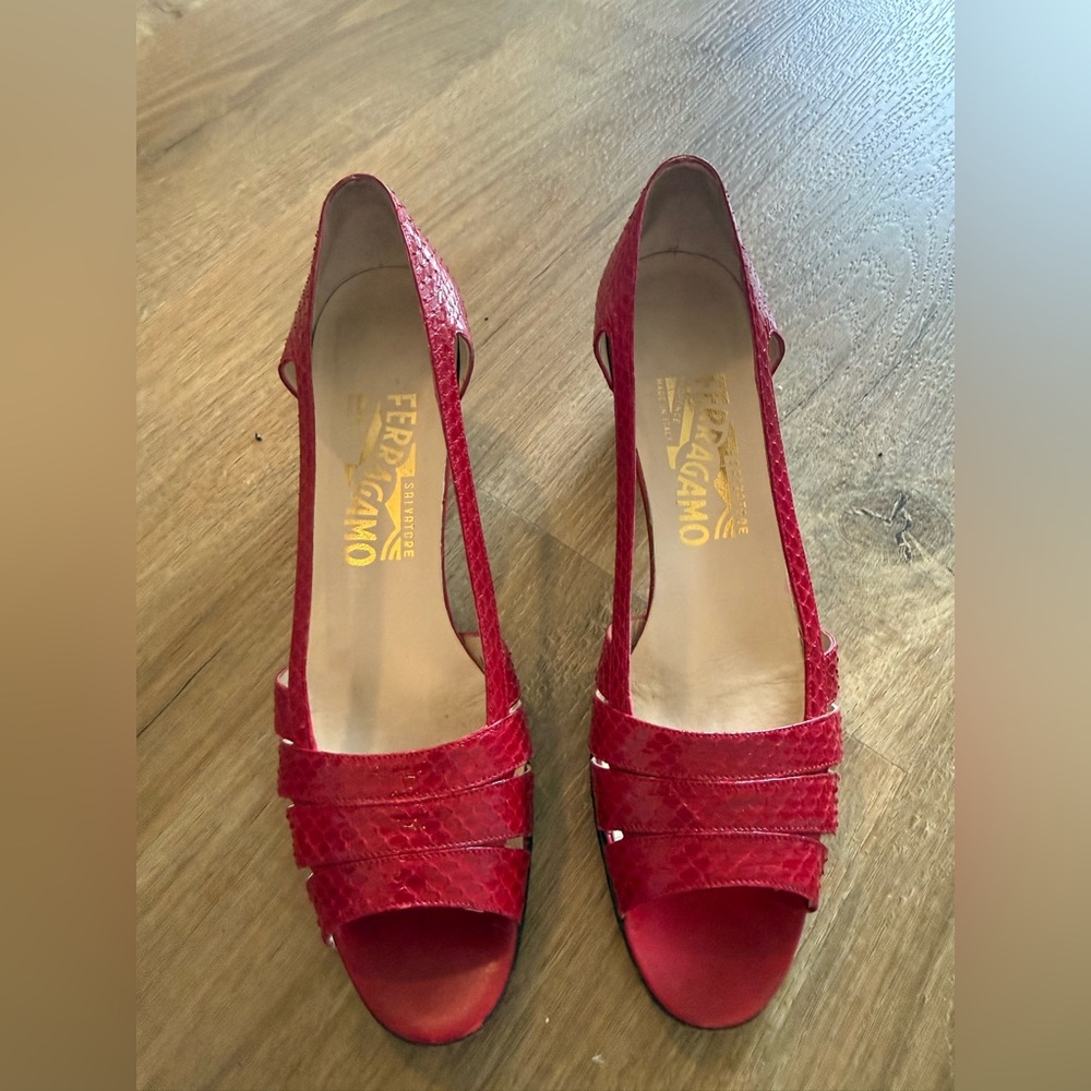 Vintage Salvatore Ferragamo Red Open-Toe Slingback Heels